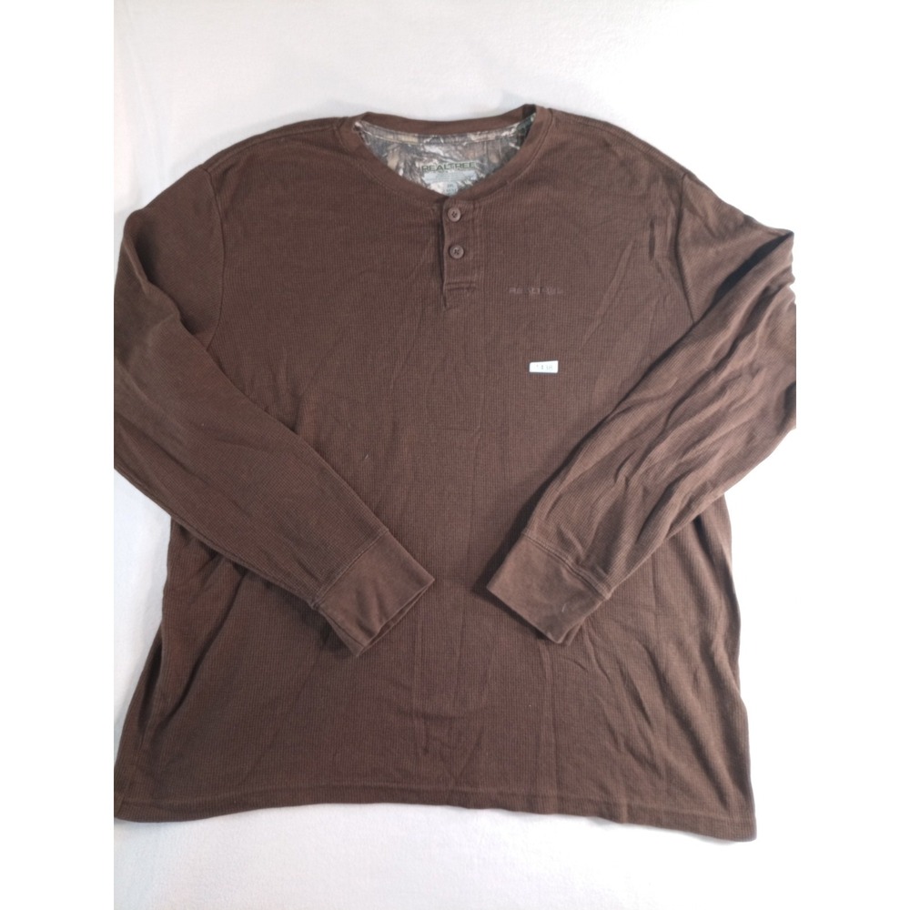 Realtree Logo Henley Mens Knit Brown Long Sleeve Thermal Shirt 2XL